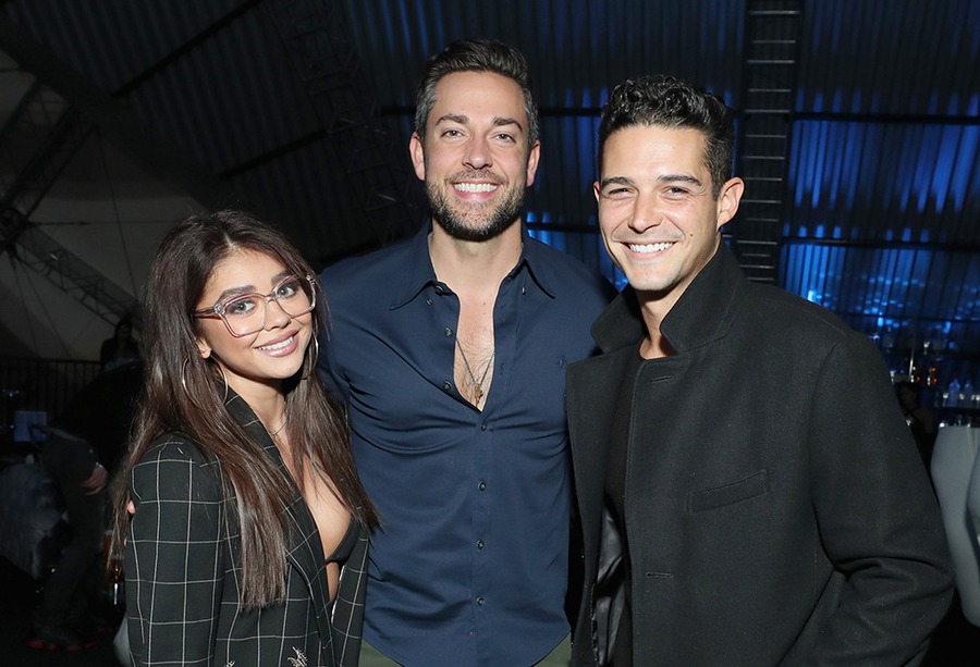 Sarah Hyland, Wells Adams, Zachary Levi, 2019 Super Bowl Party